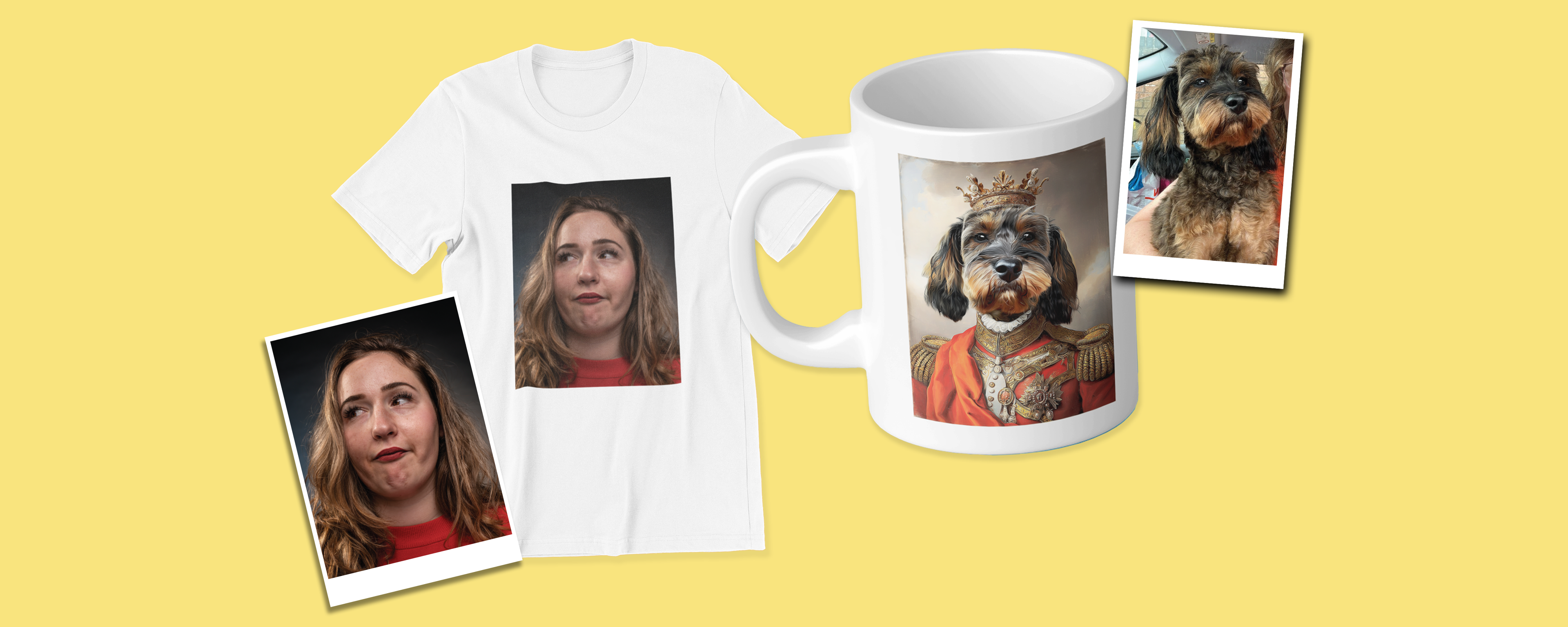 White t-shirt and mug with printed images on a yellow background