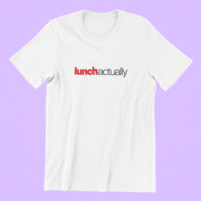 White t-shirt with 'lunch actually' text on a purple background