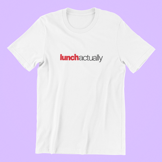 White t-shirt with 'lunch actually' text on a purple background